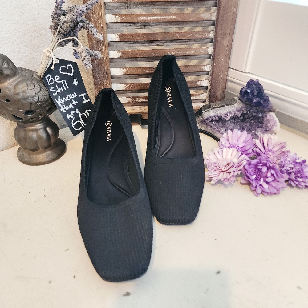 VIVAIA MELODY PUMPS BLACK KNIT FABRIC SQUARE TOE CHINKY BLOCK HEEL SIZE 39 - Picture 6 of 13